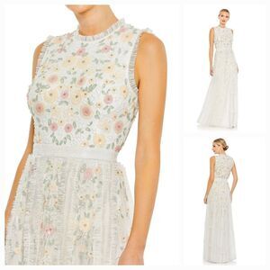 New MAC DUGGAL 9137 (16) Ivory ruffle Pastel Sequin Flower Sleeveless Maxi Dress